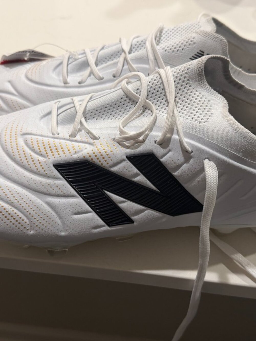 New Balance Tekela Elite v5 FG Soccer Cleats — White/Black/Gold — Men's US 11.5